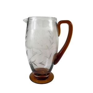 Tiffin Franciscan Vintage Floral Etched Glass Pitcher Amber Handle Footed Base